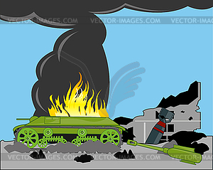 Military conflict and damaged burning tank in rubble - vector clipart