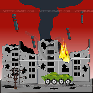 Bombs falling on ruined war city and flame of fire - vector image