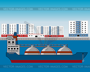Tanker with gas beside coast of big city - vector clipart