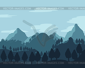 Mountains and wood colorful landscape dawning in - vector image