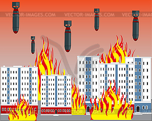 War in city blaze buildings fall bombs - vector clipart