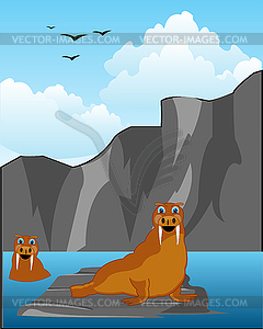 North animals walruses on stone seaborne landscape - vector image