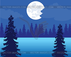 Moon night and lake with wood colorful landscape - vector clipart