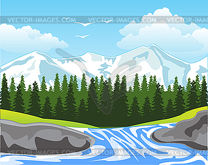 Пейзаж горного двора на фоне дерева и - векторный клипарт / векторное изображение