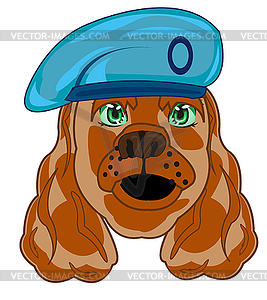 Cartoon of dog of sort spaniel in fashionable beret - vector image