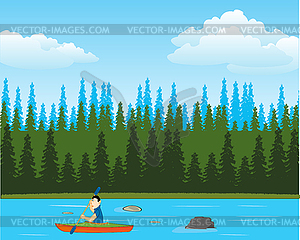 Река в лесу и человек на лодке - векторный клипарт / векторное изображение