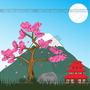 Landscape of vulcan and tree sakura in japan - vector clipart