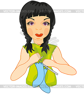 Making look younger girl occupied knitting carrying - vector image