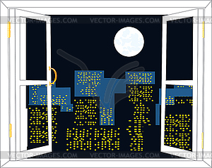 Вид на ночной город из окна квартиры - цветной векторный клипарт