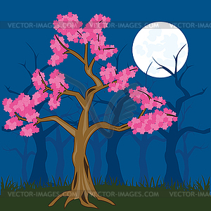 Moon night in fairy-tale wood with flowering sakura - vector clipart