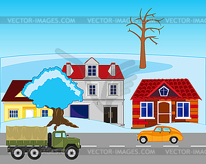 Asphalt road in winter and small populated point - vector image