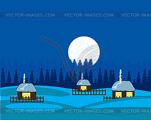 Colorful landscape moon night and villages in winter - vector clipart