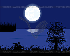 Beautiful landscape to moon night and riverside - vector clip art