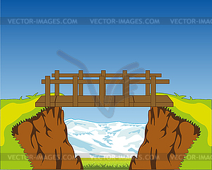 Пейзаж глубокого оврага и деревянного моста через - векторизованное изображение клипарта