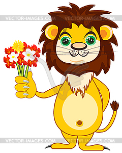 Cartoon nice lion cub with bouquet flower - vector image