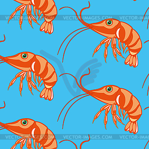 Shellfishes prawn seamless pattern on turn blue - vector clip art