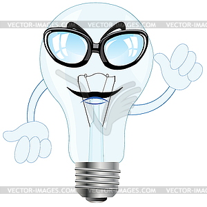 Комическая электрическая лампочка в очках и с рукой - цветной векторный клипарт