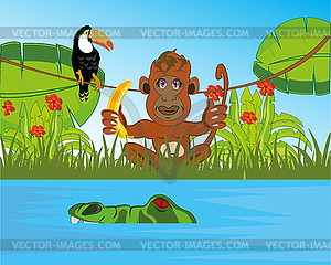 River and green jungle with wildlifes and bird - vector clipart