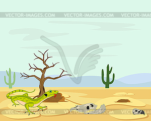 Hot deserted terrain with skull animal and lizard - vector clipart