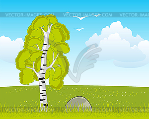 Year beautiful landscape with birch and floor - vector clipart