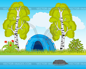 Rest in tent beside yard colorful landscape - vector clipart