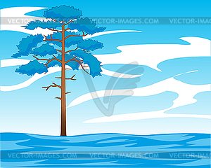 Solitary tree pine on field in winter - vector EPS clipart