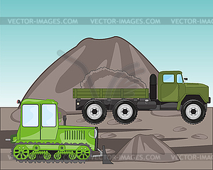 Mining useful fossilized in quarry car loaded and - vector image