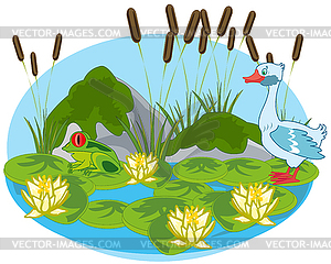 Вид на болото с водяной лилией и животным - векторный клипарт Royalty-Free