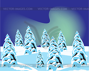 Winter wood and northern lights on sky - vector image