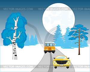 Type on road in night in winter and transport on her - color vector clipart