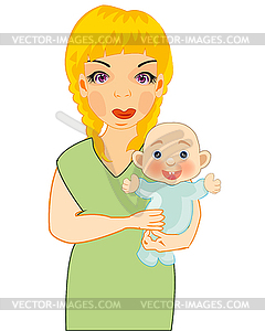 Making look younger woman with infant on hand - color vector clipart