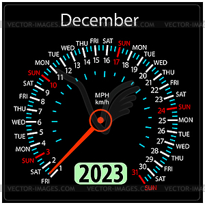 Year 2023 calendar speedometer car . December - vector image
