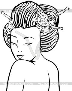 Линейный портрет девушки, японский - векторизованное изображение