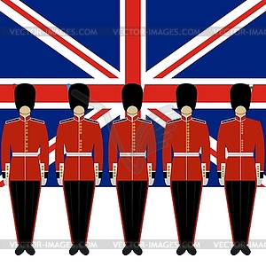 Королевские гвардейцы на фоне флага Великобритании - клипарт в векторе