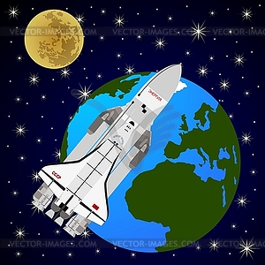 Космический шаттл на орбите Земли - иллюстрация в векторе