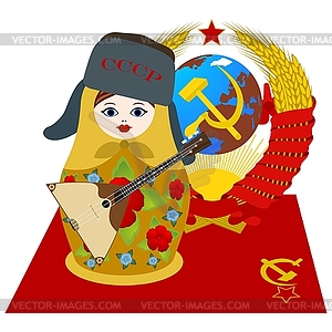 Matryoshka in fur cap with balalaika - color vector clipart