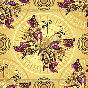 Seamless gold pattern with vintage butterflies - vector image