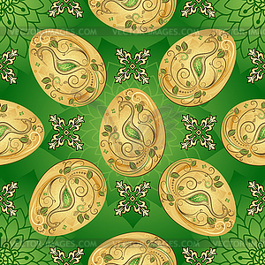 Easter seamless green pattern with golden eggs - vector image