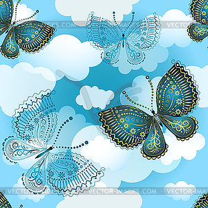 Seamless spring pattern with butterflies and clouds - stock vector clipart