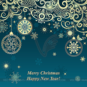 Blue Christmas frame with vintage gold tree balls - vector clipart