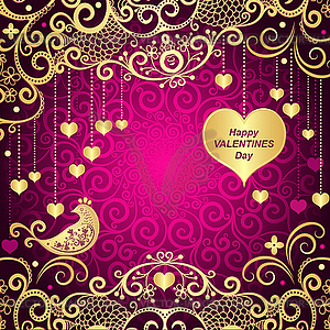 Purple Valentines frame with golden hearts - stock vector clipart