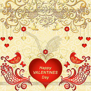 Gold Valentines frame with red hearts - vector clipart