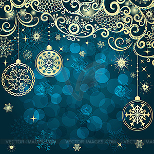 Blue Christmas frame with vintage gold tree balls - vector clipart