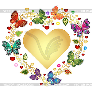 Floral valentine frame with gold heart and - vector image