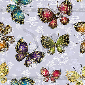 Bright spring butterflies swirl in snowy whirlwind - vector image