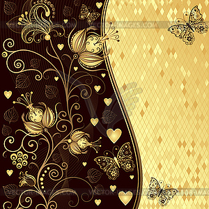 Festive floral valentine frame with golden branch, - vector image