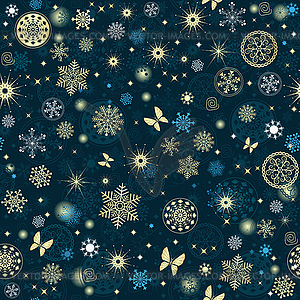 Christmas blue seamless pattern with golden - royalty-free vector clipart