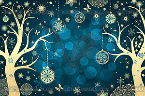 Christmas gradient bue card with golden snowflakes, - vector clip art
