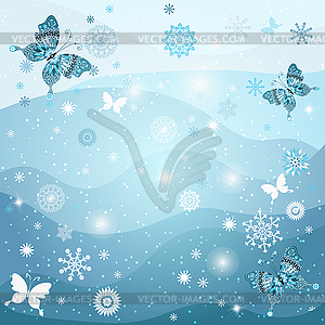 Winter frame with snowflakes and butterflirs - royalty-free vector clipart