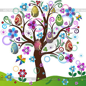 Spring tree with colorful easter eggs, flowers - vector clip art